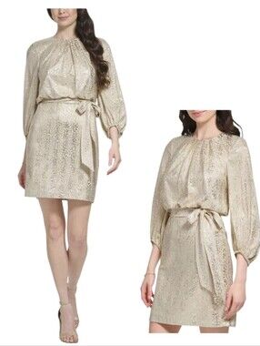 Vince Camuto Gold Metallic Leopard Blouson Dress 10P NWT